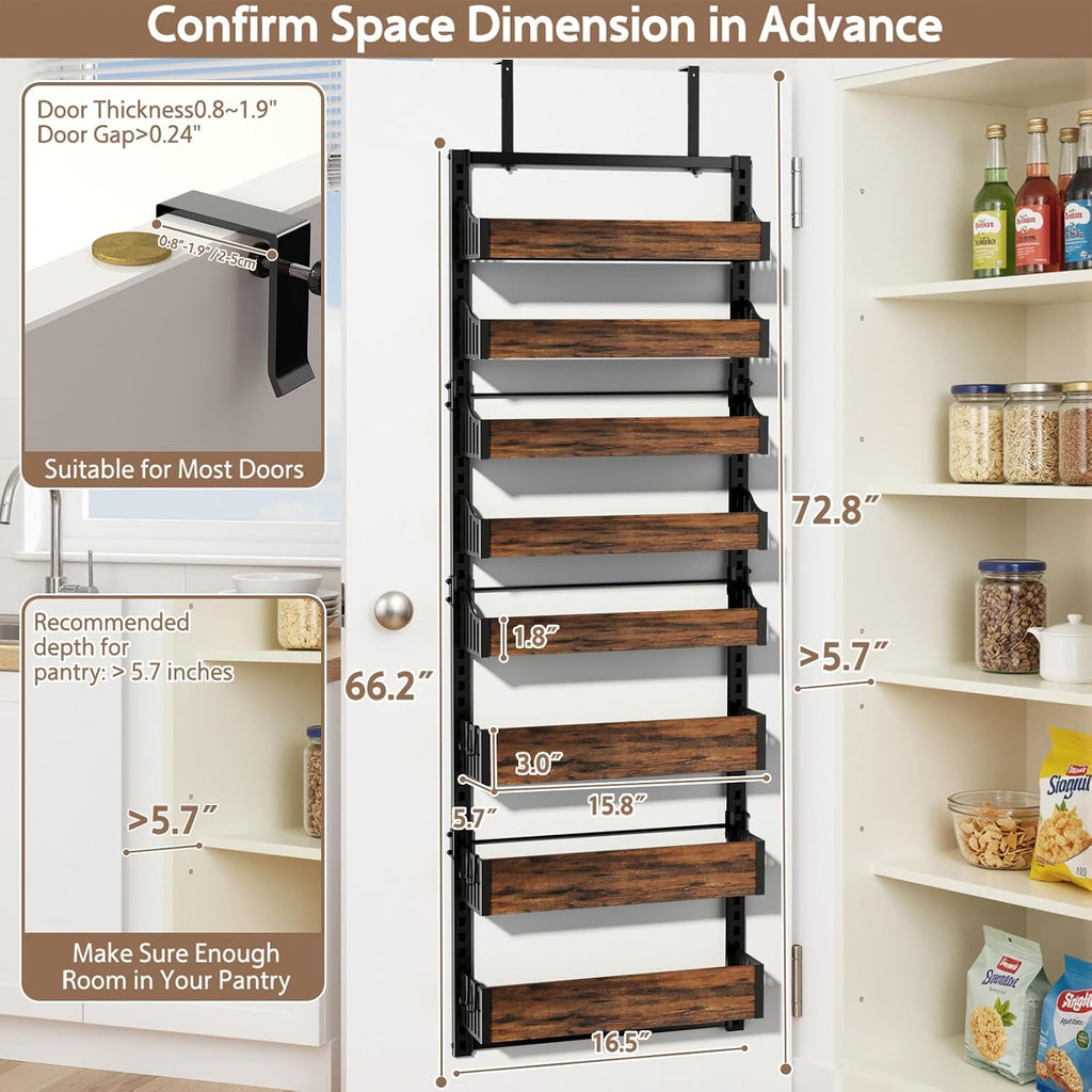 Over the Door Pantry Organizer: Pantry Organization and Storage with Hanging Shelves - 8-Tier Adjustable Basket Metal Spice Rack for Kitchen Bathroom Bedroom & Laundry Room