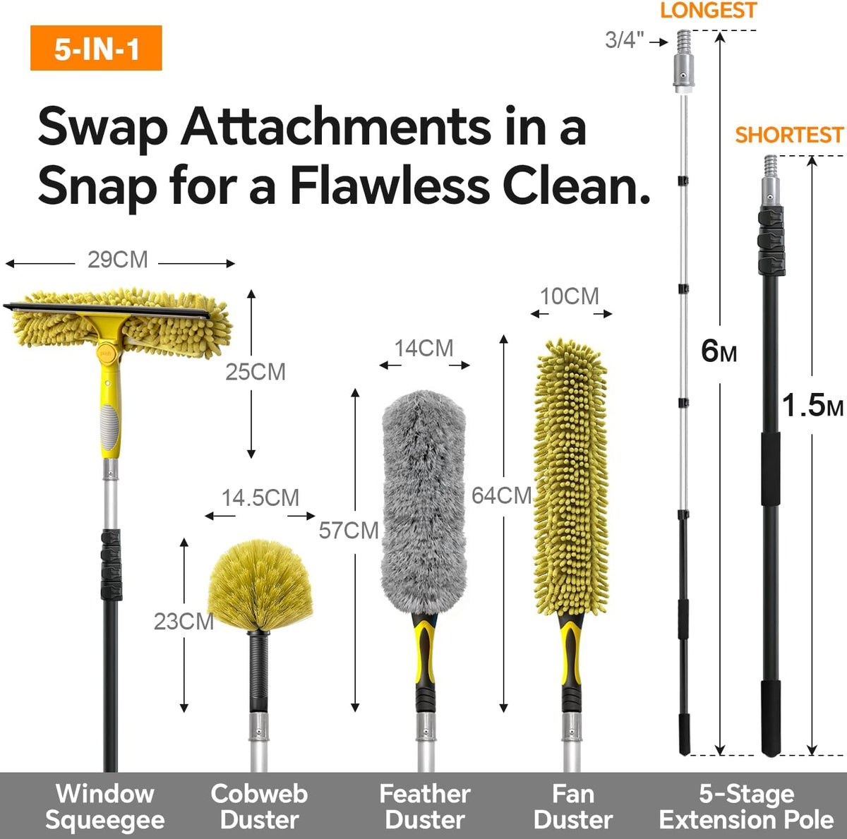 5-in-1 20Ft 4-Stage Telescoping Extension Pole Kit for Cleaning