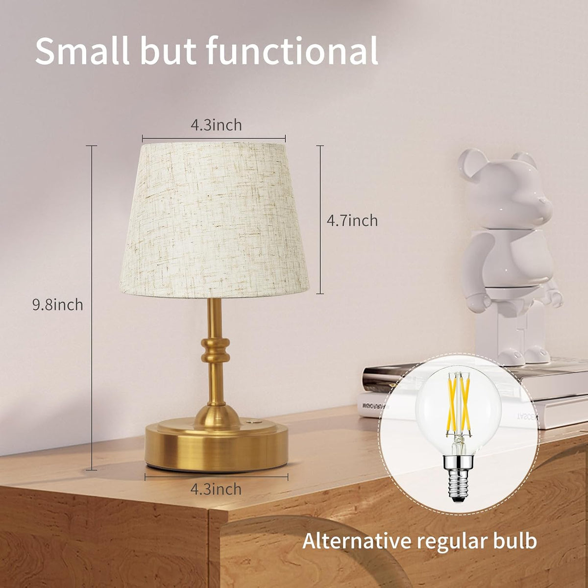 ONEWISH Small Cordless Lamp, Battery Operated Table lamp Dimmable, 4000mAh Rechargeable, Touch Bedside Lamp with Beige Linen Fabric Shade, 2700K Bulb Included, for Dining, Patio, Bathroom(Gold)