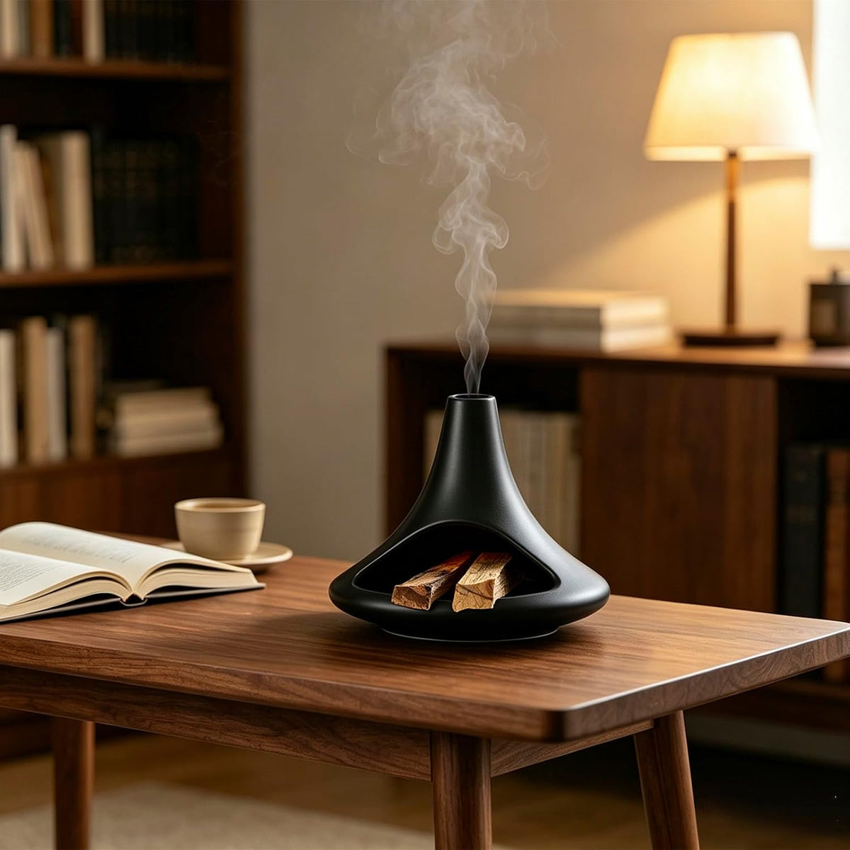 Ceramic Palo Santo Holder Matte Black, Chiminea Shape Mini Smudge Bowl Burner with Ash Catcher for Incense Cones & Candles, Palo Santo Sticks, for Meditation, Yoga, Cleansing Ceremony, Handmade