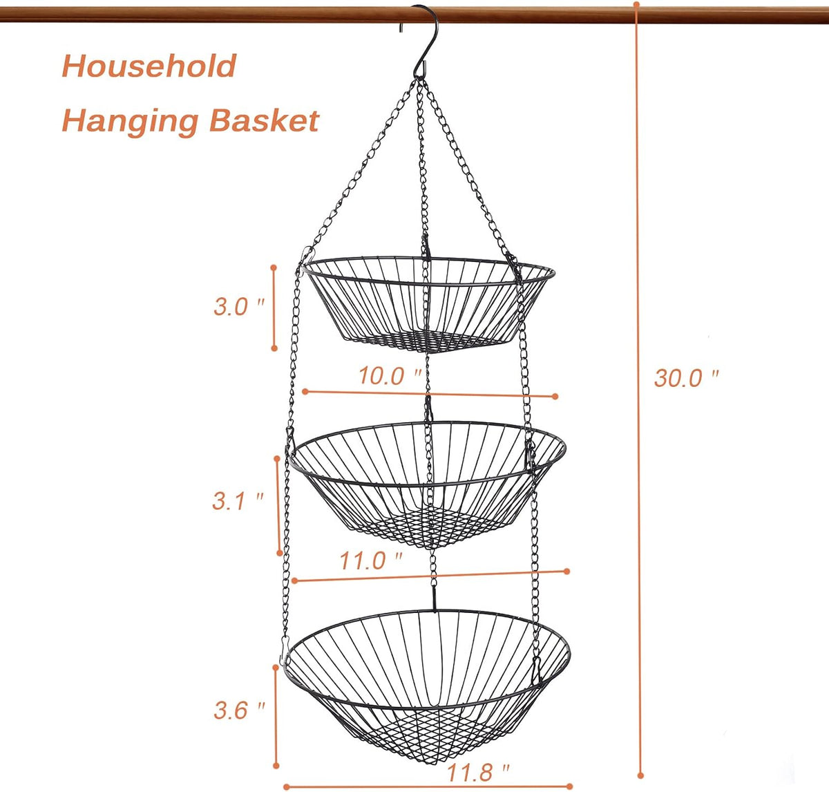 JUNCHU CHERRY 3-Tier Wire Fruit Hanging Basket 2 Packs,non-Punching Wall Hanging Storage,Kitchen Bathroom Organization Basket,Suitable for Bathroom,Kitchen,Closet,Garden,Black