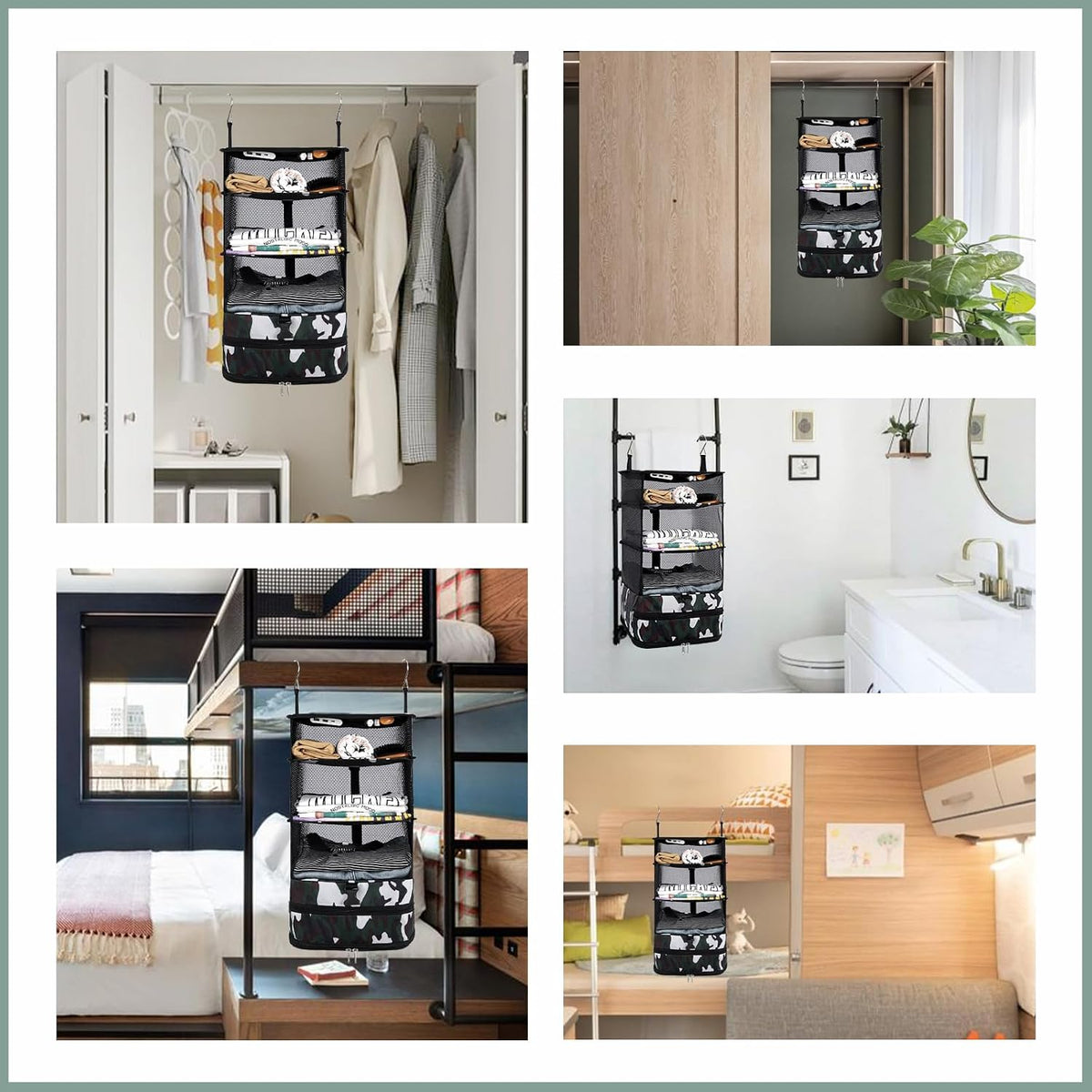 Surblue Hanging Closet Storage Bag Collapsible 3-Shelf Washable Oxford Fabric with 2 Hooks (L 11.41 * 11.41 * 19.68in, Camouflage)