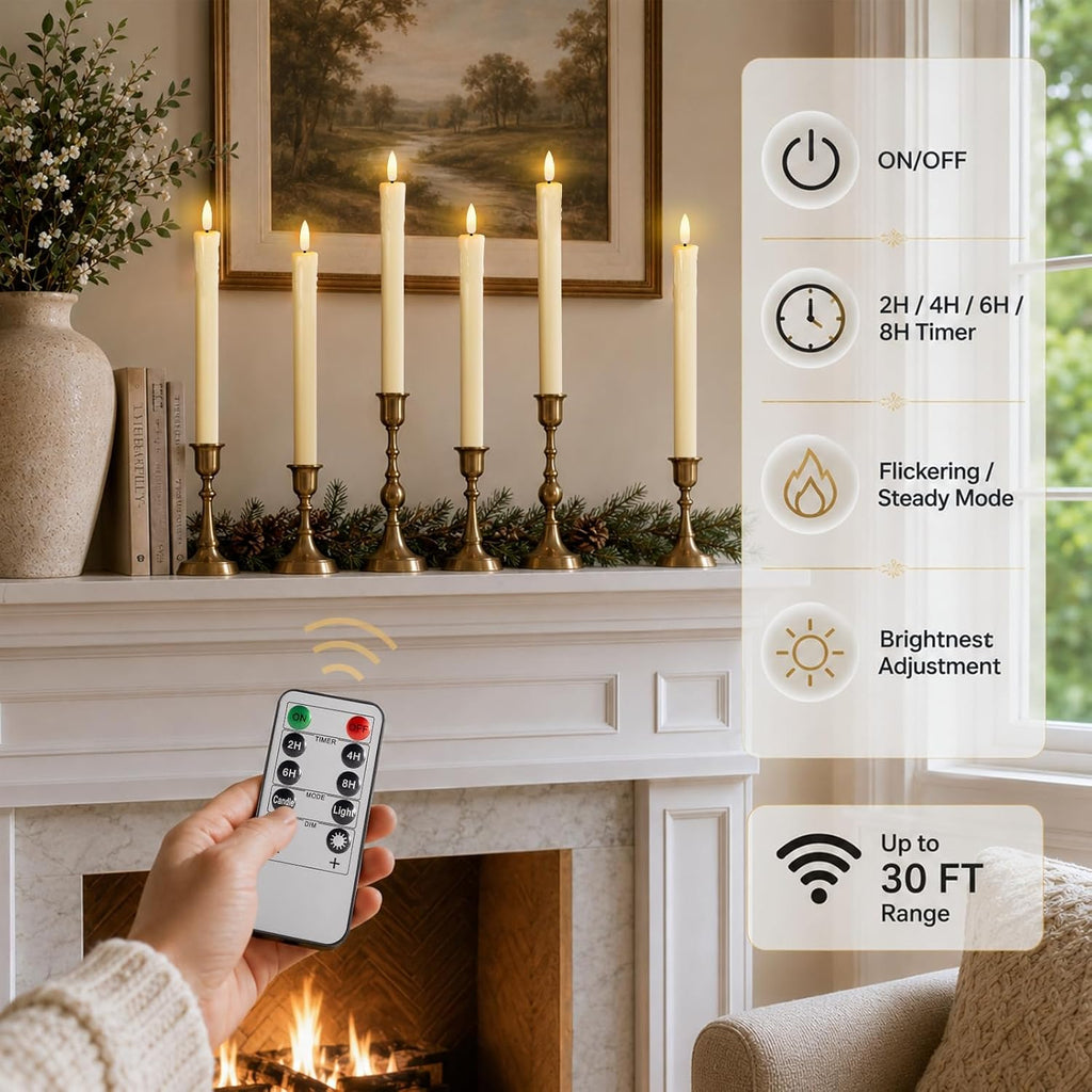 Lezonic Flameless Taper Candles with Remote Timer, Battery Operated Flickering LED Fake Candles for Dining Table Centerpiece Wedding Christmas Mantel Decor, 0.8 x 9.5 inch