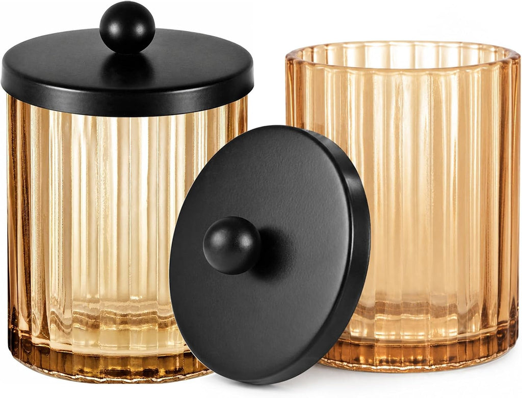 Amolliar Amber Glass Qtip Holder, Apothecary Jar for Bathroom(Black 2 Pack)