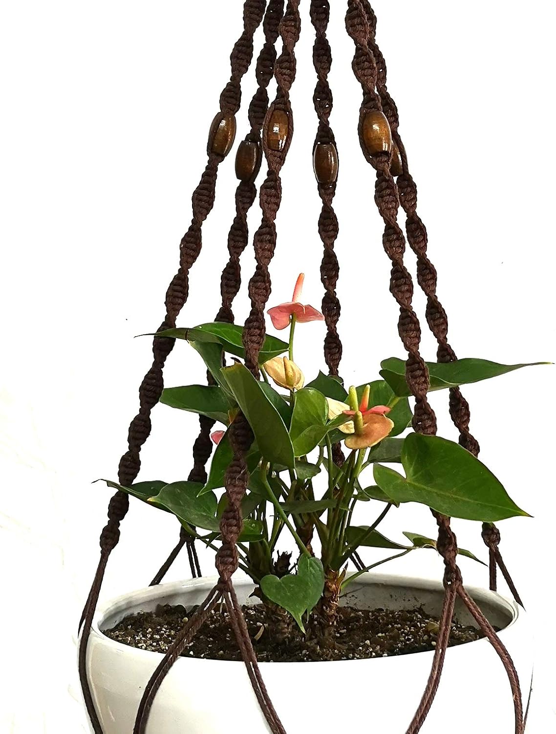 6 Legs Macrame Natural Jute and Cotton Plant Hanger & Holder and Metal Ring, 51-inches Length (Without the White Pot and Plant) (Dark Brown)