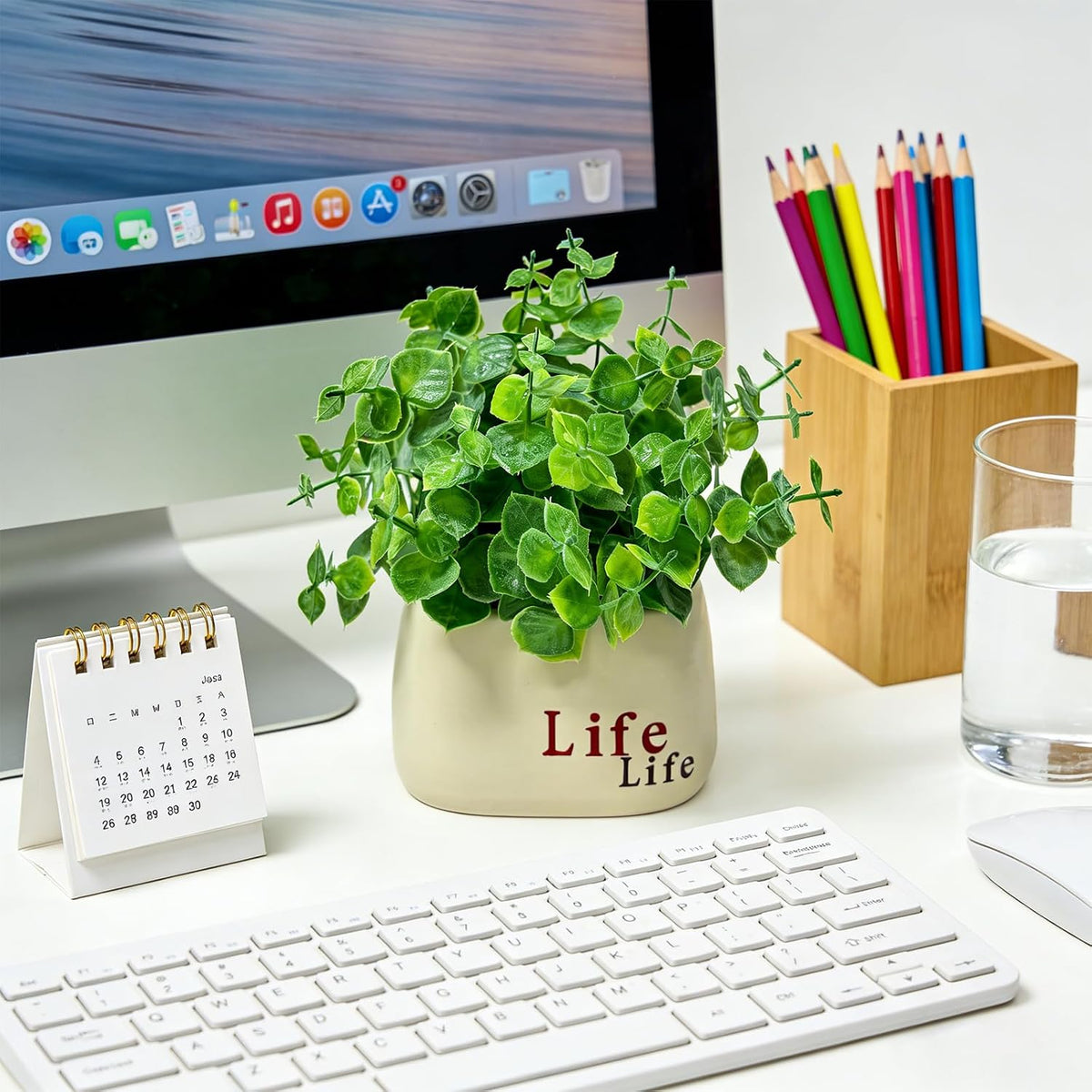 Small Fake Plant in Pot, 7" Artificial Plant Indoor, Fake Eucalyptus Stems with Ceramic Vase, Faux Greenery Eucalyptus Bathroom Decor for House Office Desk