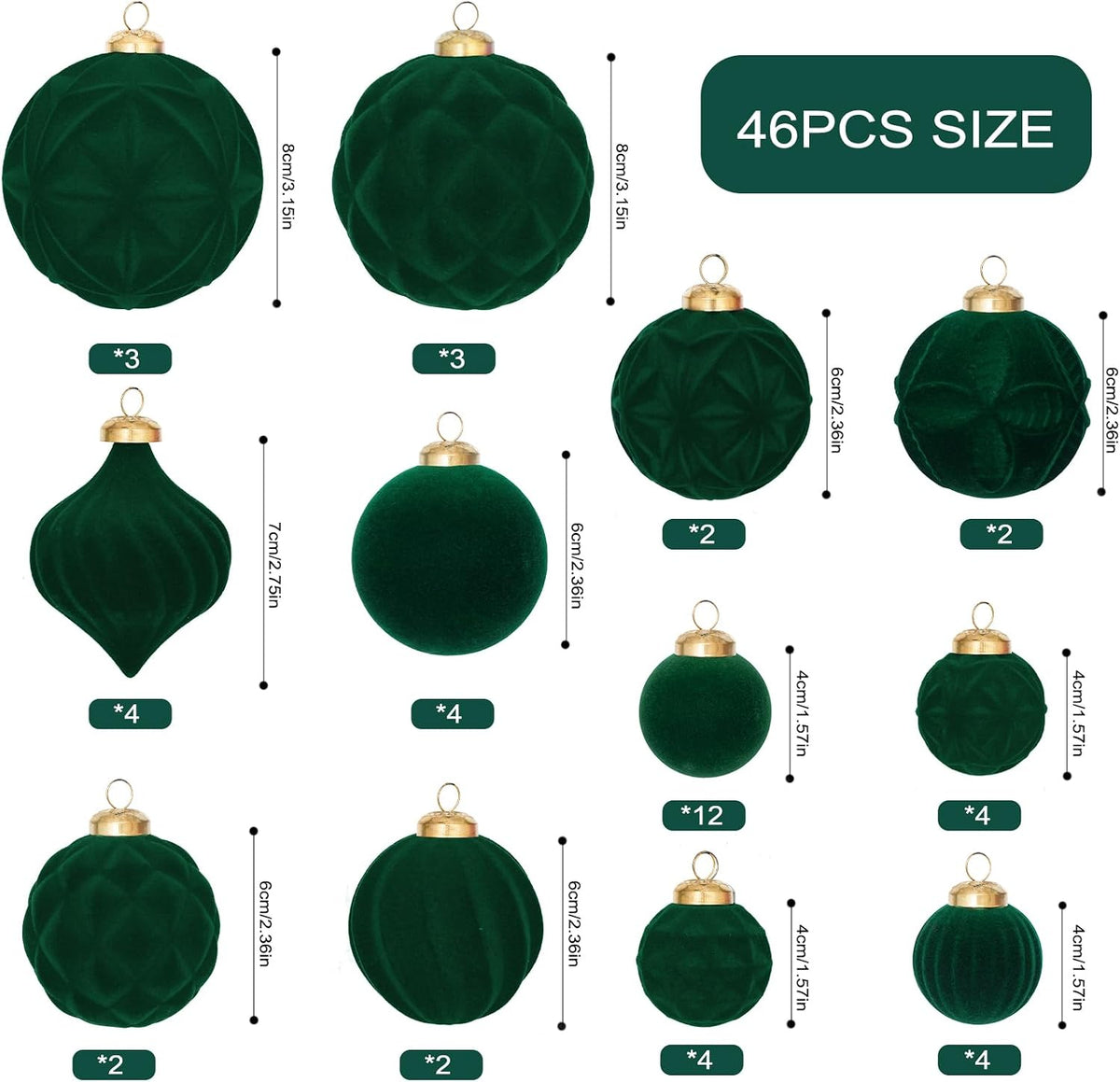 46PCS Velvet Christmas Ball Ornaments Set, Flocked Shatterproof Xmas Tree Decor, Assorted Hanging Ornaments with Loop for Holiday Home Decor, Christmas Tree, Mantel, Party Decoration (Dark Green)