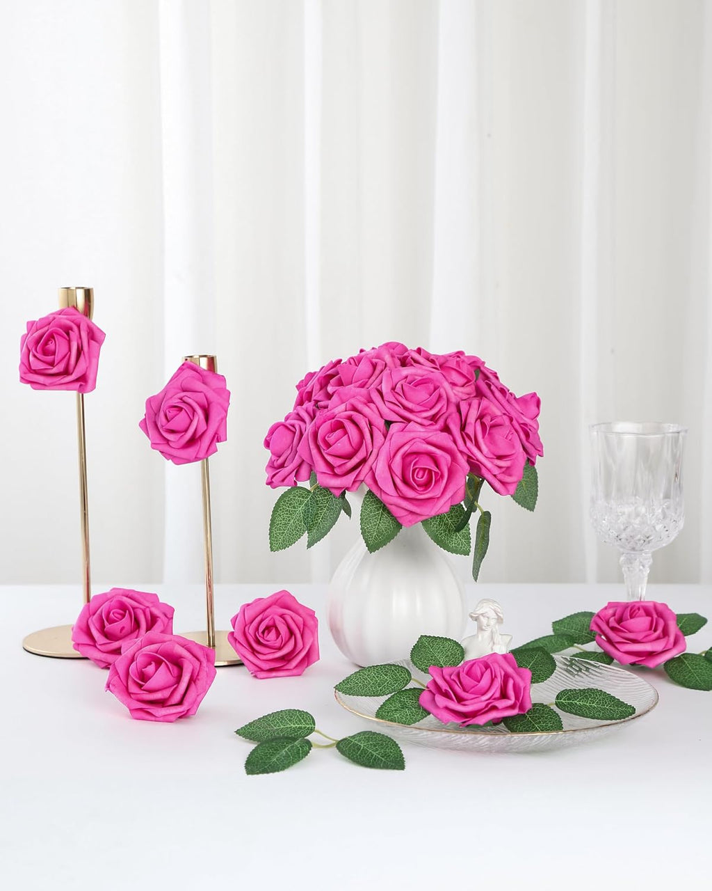 DuHouse 25Pcs Artificial Flowers Foam Roses Real Touch with Stems(Hot Pink)