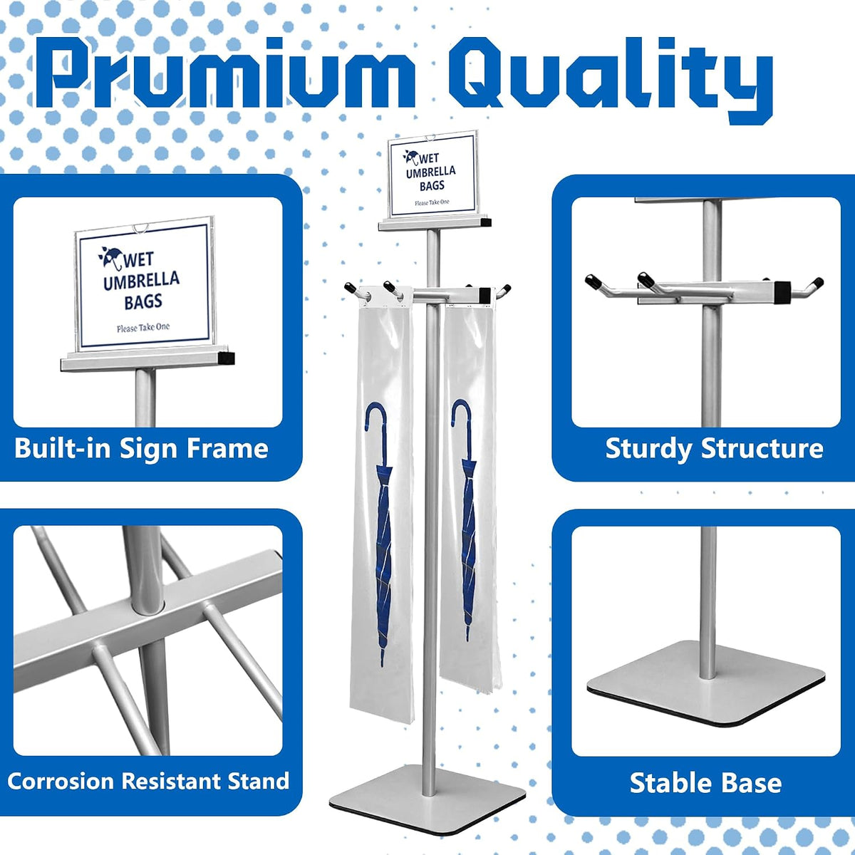 Montex Wet Umbrella Bag Stand with Free 200 Large Plastic Disposable Bags, Umbrella Holder Stand, Silver