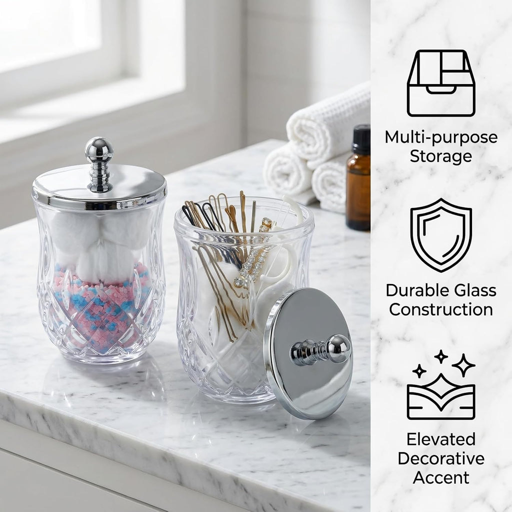 2 Pack 10Oz Clear Q-Tip Holder, Round Thick Glass