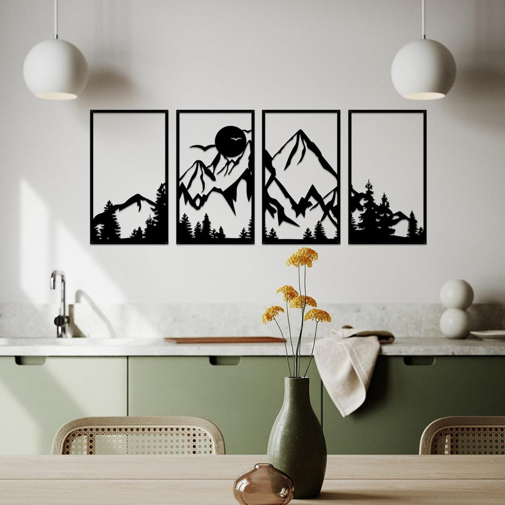 ESTART 4 Pcs Mountain Range Metal Wall Art Decor Summit Metal Wall Sign Rustic Forest Home Decor Sign Mountain Scene Wall Decor Art Hanging for Living Room Bedroom Bathroom Office, 45.3 x 17 Inch