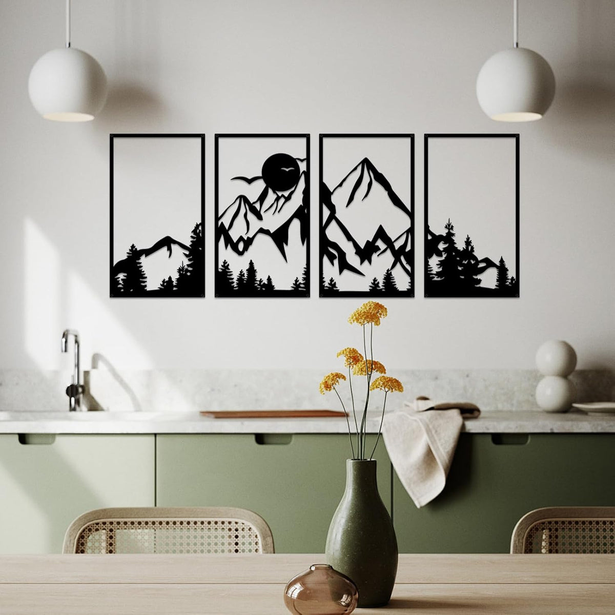 ESTART 4 Pcs Mountain Range Metal Wall Art Decor Summit Metal Wall Sign Rustic Forest Home Decor Sign Mountain Scene Wall Decor Art Hanging for Living Room Bedroom Bathroom Office, 45.3 x 17 Inch