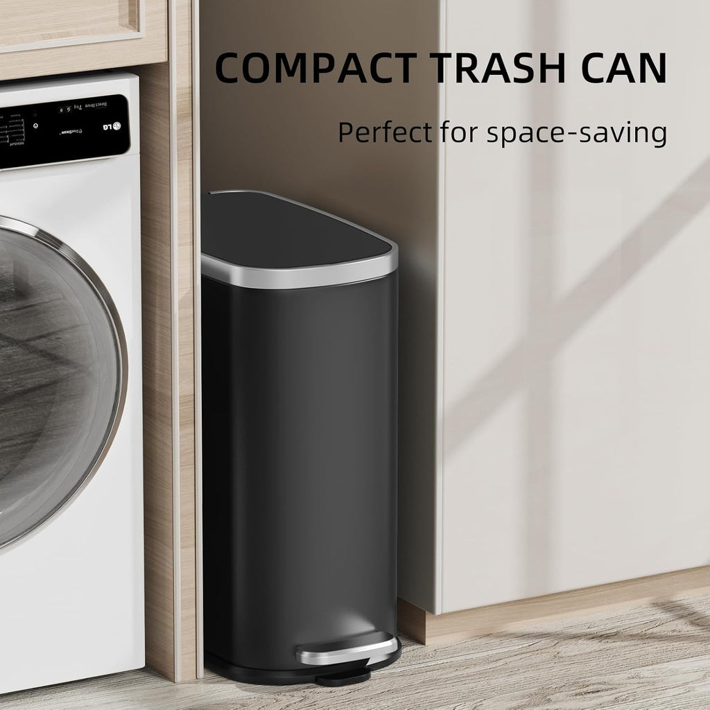 KUK Slim Bathroom Trash Can with Lid Soft Close, Step Pedal, 2.6 Gal/ 10L Stainless Steel Garbage Can with Removable Inner Bucket, Anti-Fingerprint Wastebasket for Office, Bedroom, Toilet (Black)