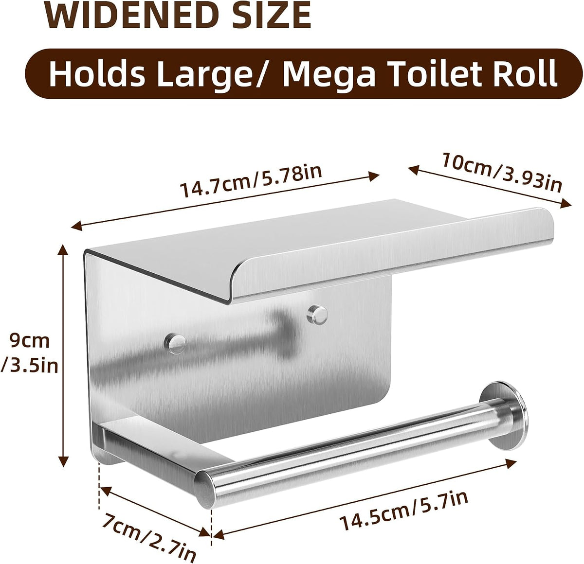 Adhesive Toilet Paper Holder with Shelf, Stainless Steel, Silver