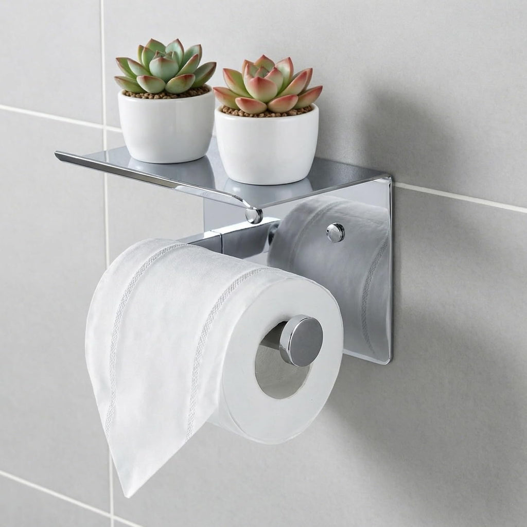 Toilet Paper Holder with Shelf, Heavy-Duty Stainless Steel Bathroom Hardware, Self-Adhesive No-Drill/Drill-Mount Wall-Mounted Roll Holder, Rust-Proof Bathroom Tissue Rack (Chrome)