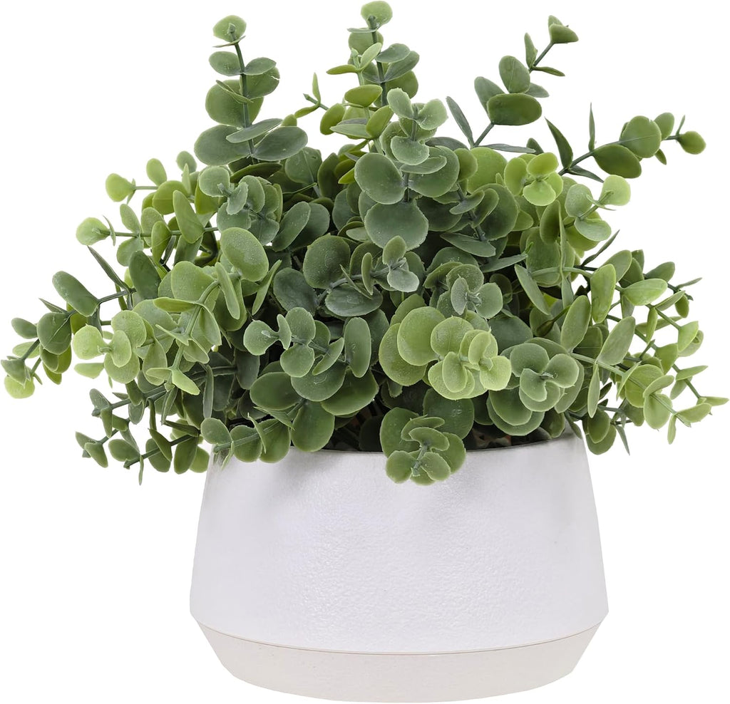 365 Blooming Decor Artificial Eucalyptus Plant–10.2"x11.4" Luxury Faux Potted Greenery in White Textured Pot with Real Pebbles, Premium Material, No Assembly, Farmhouse, Coffee Table, Bathroom Decor