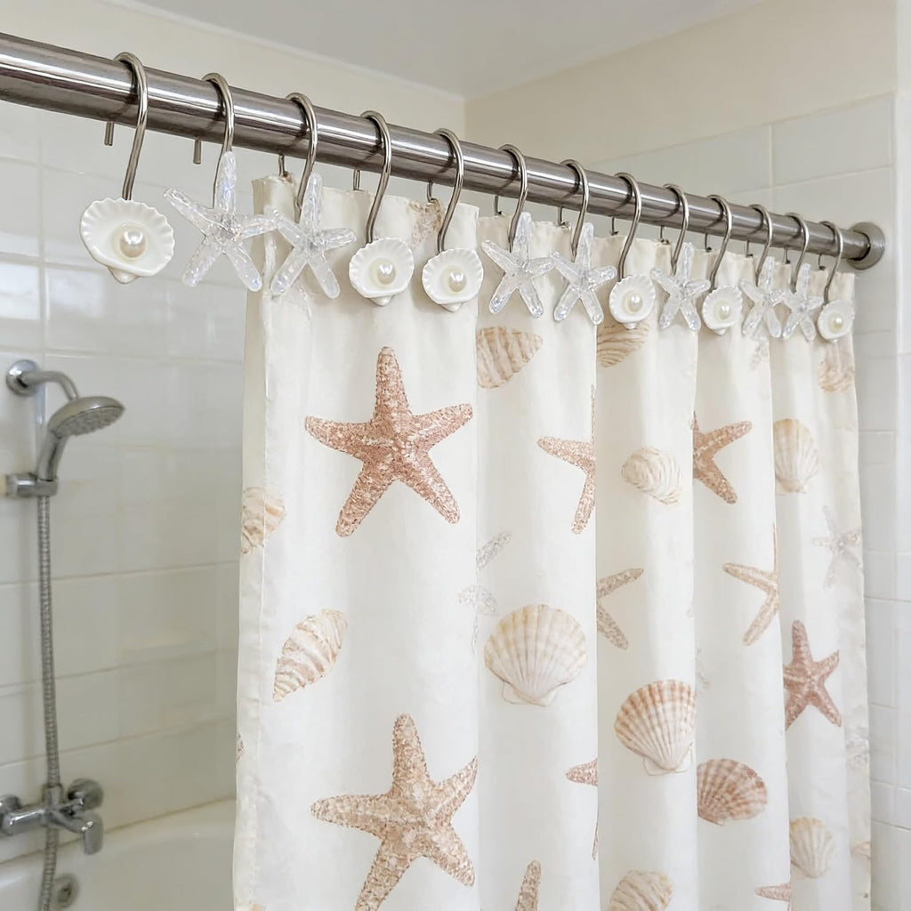 Twofishes Seashell Shower Curtain Hooks S/12 Ocean Pearl White Starfish Style Shower Curtain Rings Pack of 12 Oecan Shell Shower Rings Set of 12