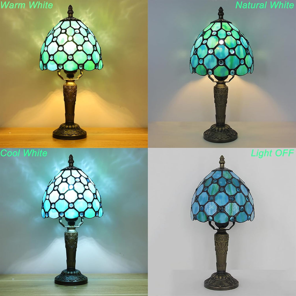 Tiffany Style Small Table Lamp,Green Beads Stained Glass 3 Color Temperature Antique Table Lamps,Bedside Nightstand Lamp for Bedroom,Living Room,Home Office+LED Bulb,6X6X12.5Inch