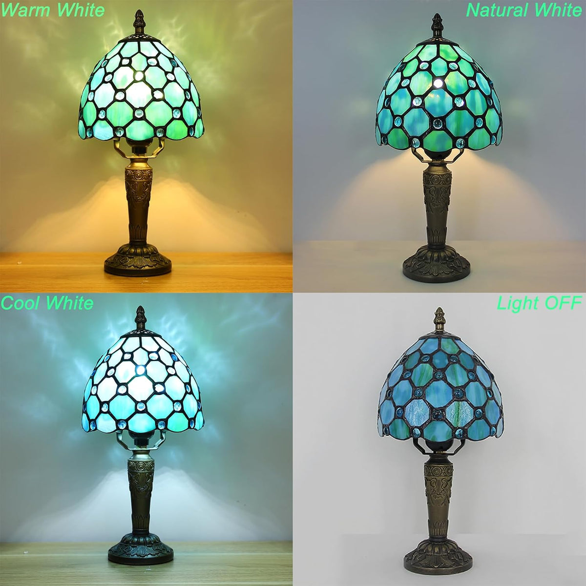 Tiffany Style Small Table Lamp,Green Beads Stained Glass 3 Color Temperature Antique Table Lamps,Bedside Nightstand Lamp for Bedroom,Living Room,Home Office+LED Bulb,6X6X12.5Inch