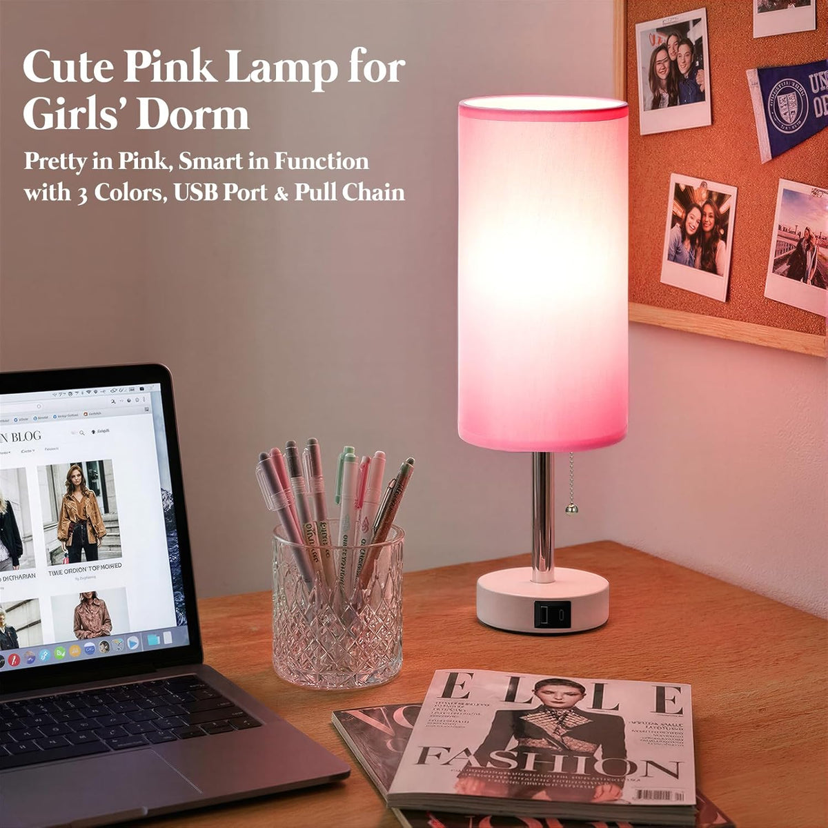 Dicoool Pink Bedside Table Lamp for Girls Bedroom - USB A+C Charging Ports
