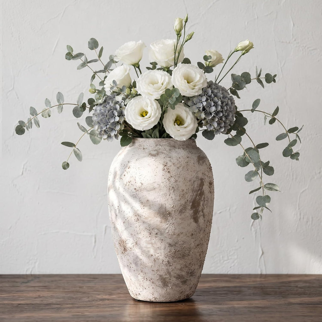 DOWAN 8.3'' Rustic Vintage Ceramic Vase for Home Decor, Distressed Minimalist Textured Farmhouse Accent for Living Room, Table, Shelf, Mantel & Entryway, Decorative Flower Vase, Gray