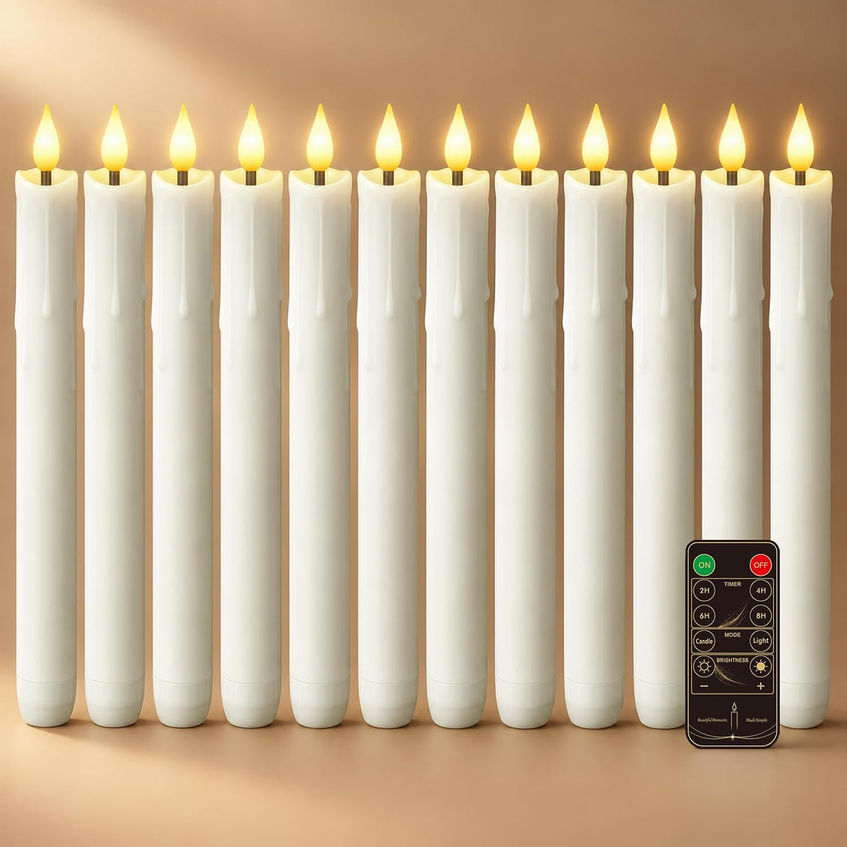 12 PCS Waxy Flameless Taper Candles, Dripless Fake Candlesticks with Timer, 9.6 Inches LED Candle with 3D Flickering Flame for Christmas Farmhouse Kitchen Fireplace Table Home Decor, White