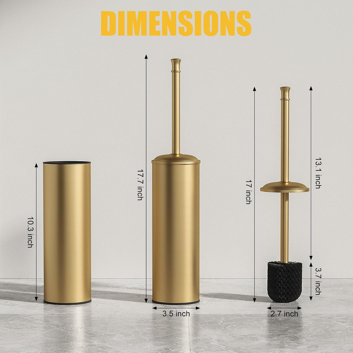 BESy Toilet Brush and Holder, Toilet Cleaner Bowl Set with Two Brush with Extra Long Handle, Durable Bristles Toilet Scrubber and Covered Holder, Drip-Proof Stainless Steel Brushed Gold