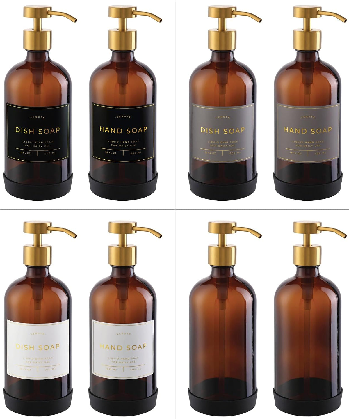 Hand and Dish Soap Dispenser for Kitchen and Bathroom, Set of 2 16 Oz Glass Bottles, Stainless Steel Pumps, Non-Slip Silicone Base, 27 Waterproof Labels (Amber Bottle/Brushed Gold Pump)