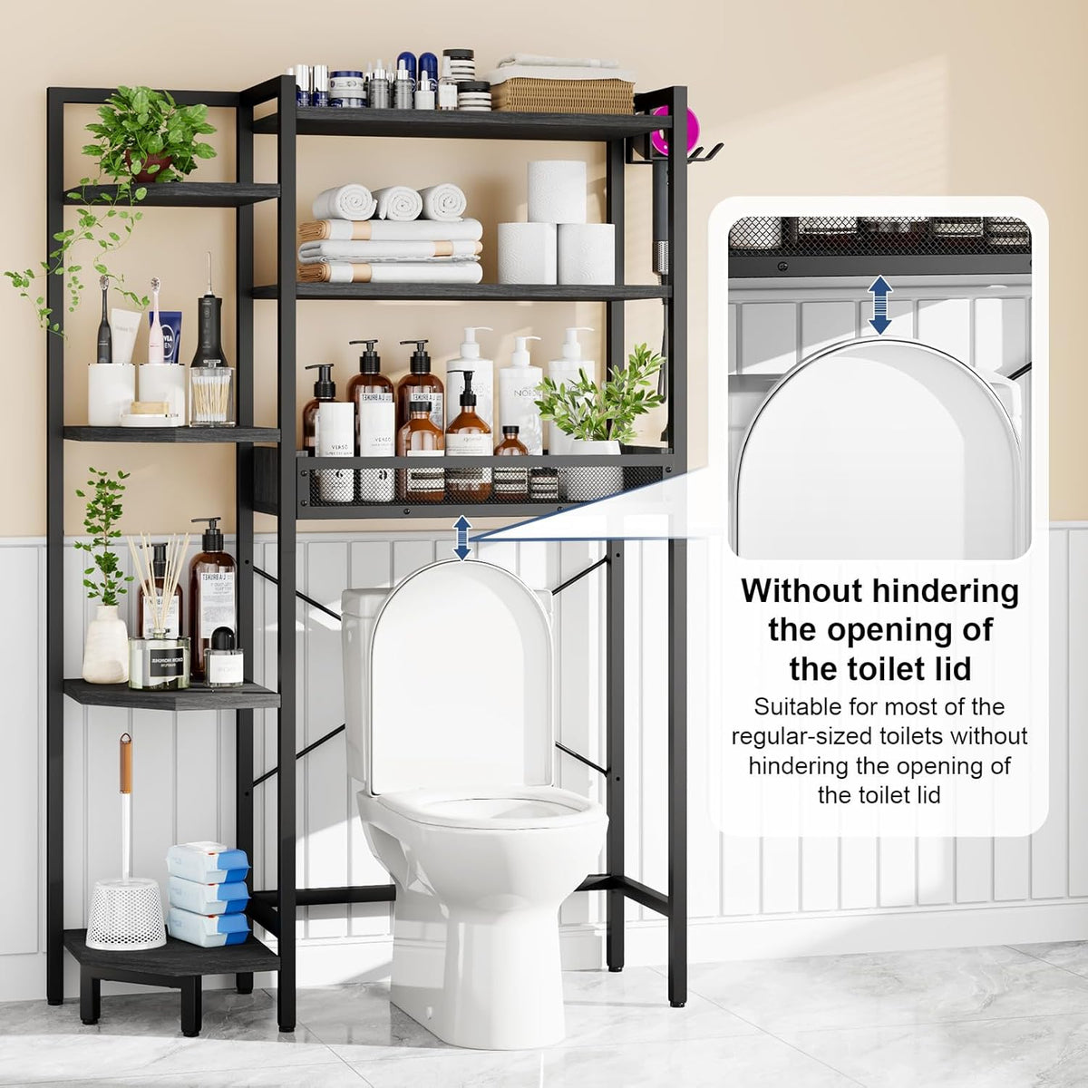 K1 Heavy Duty 7-Tier Over The Toilet Storage（with Basket and Paper Hook） Freestanding Above Toilet Shelf with Adjustable Feet，Space Saver Bathroom Shelves 9.3" D x 33.5" W x 63.8" H，Black