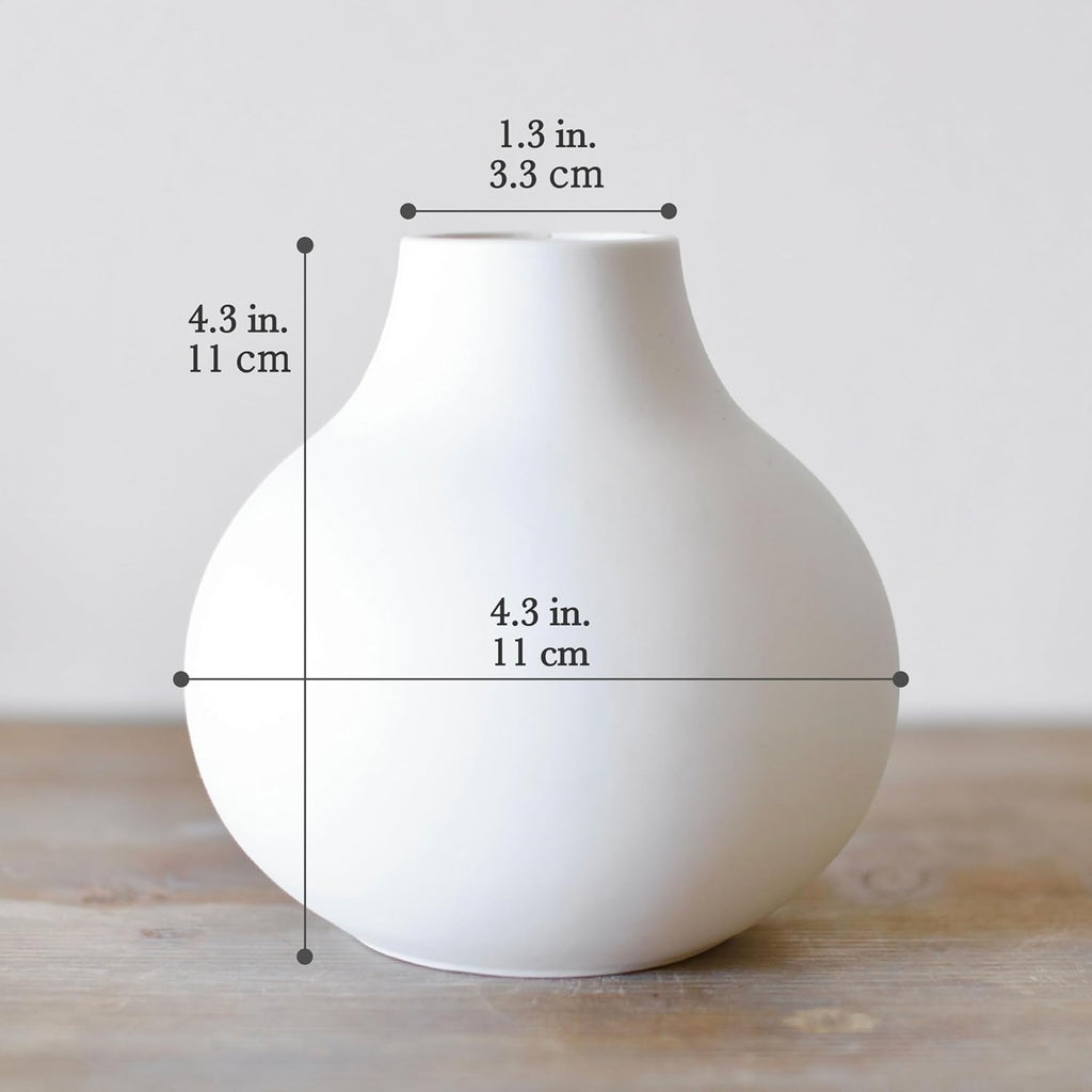 Carrot's Den Small White Ceramic Round Vase for Greenery, Short Modern