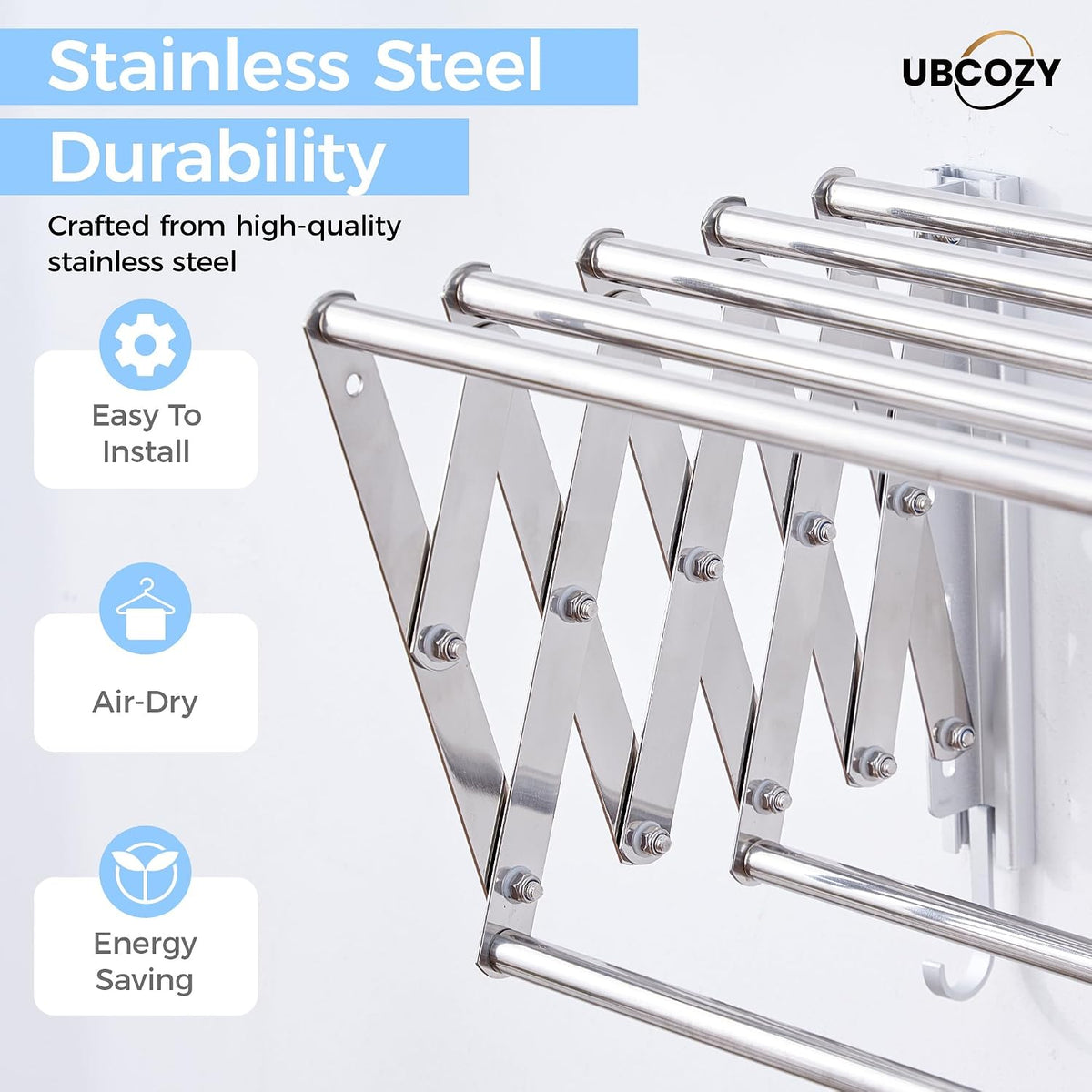 | Clothes Drying Rack Wall Mounted with Hooks - Foldable & Removable Laundry Drying Rack, Extendable 21"-39.4", 110lbs Heavy Duty Drying Rack with 7 Stainless Steel Rods for in & Out Door