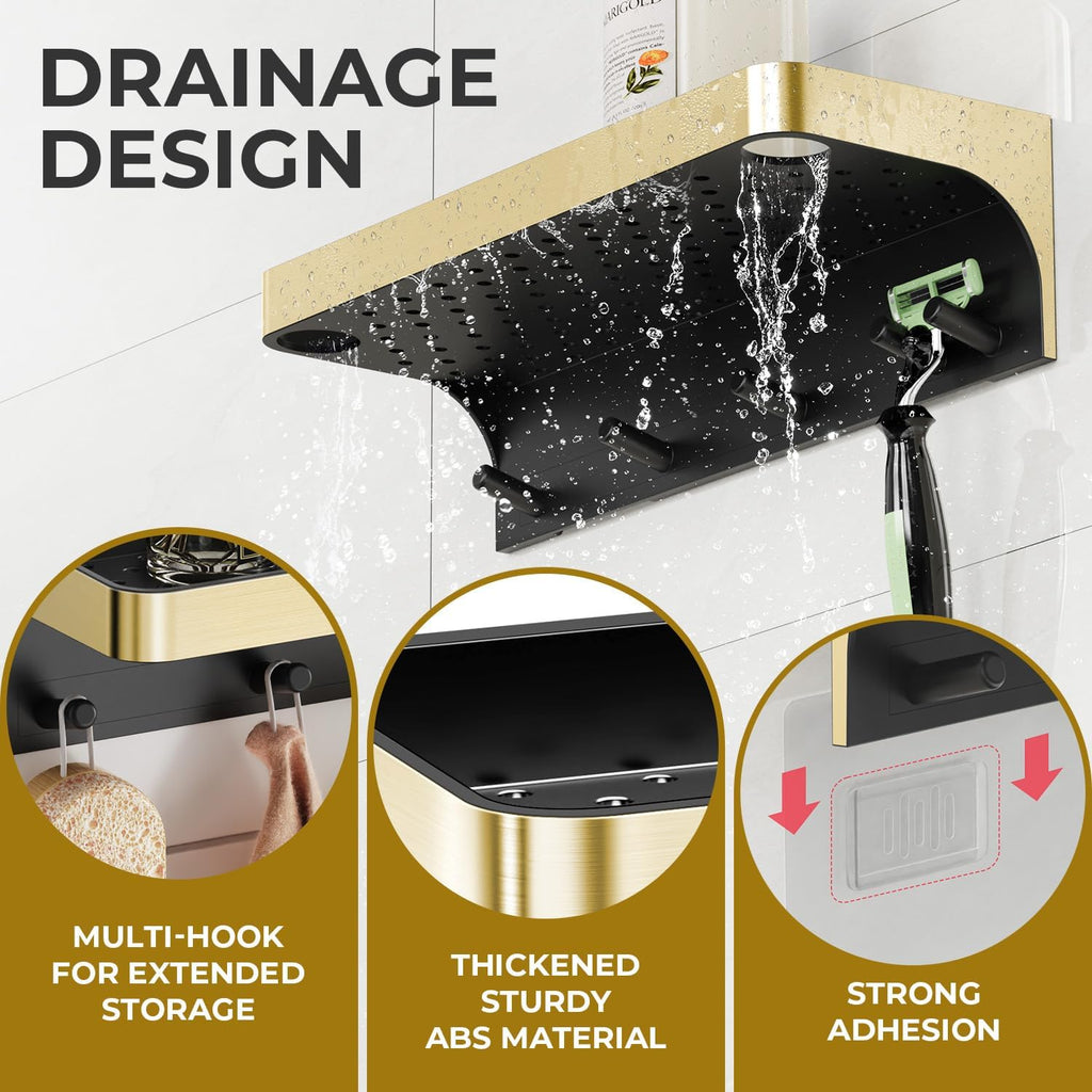 Shower Caddy Adhesive with 5 Hooks & Drainage, No-Drill, Gold