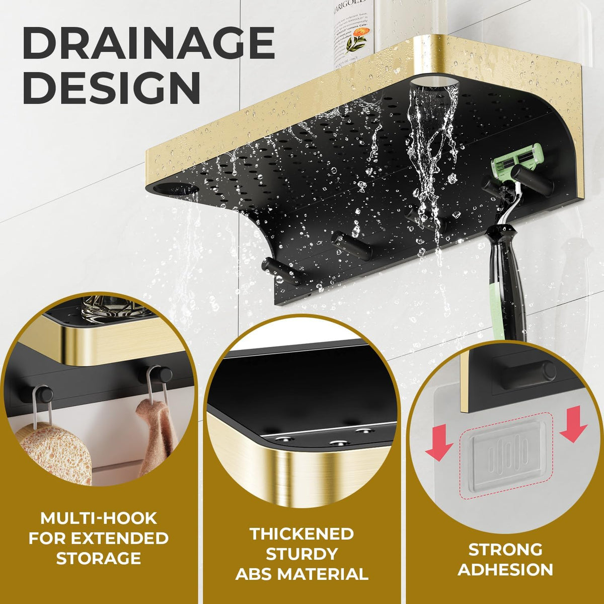 Shower Caddy Adhesive with 5 Hooks & Drainage, No-Drill, Gold