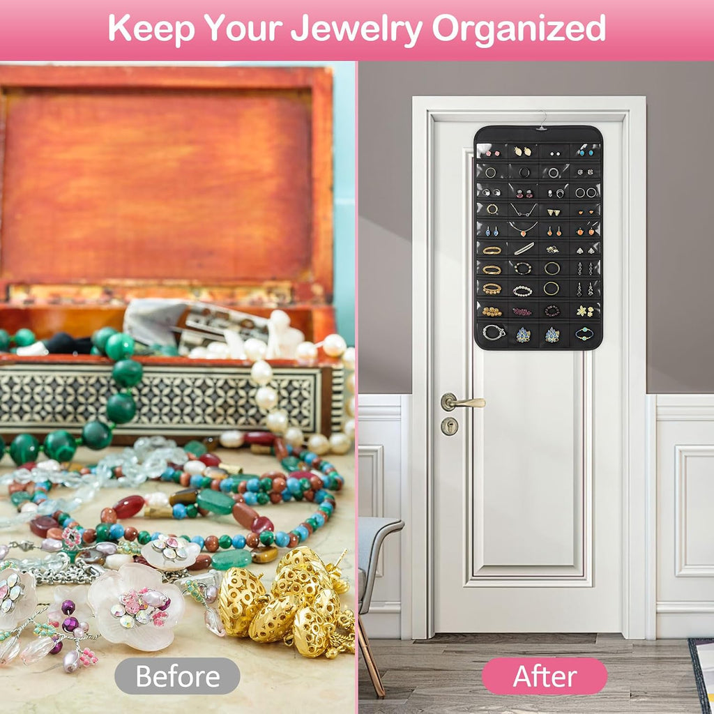 1 Pack Hanging Jewelry Organizer, 80 Clear Pockets Earring Storage