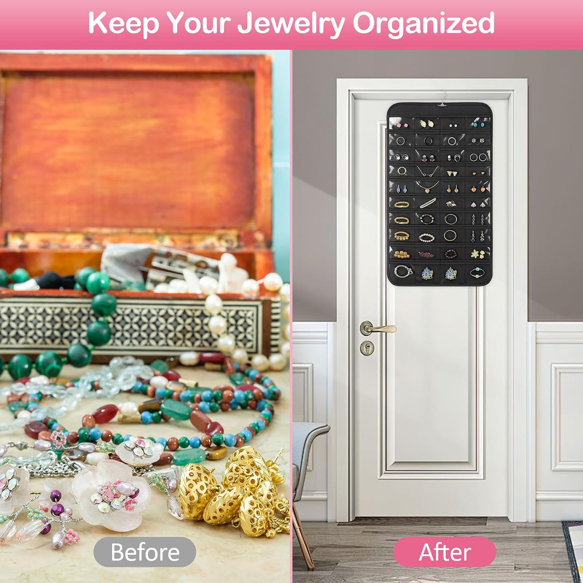 1 Pack Hanging Jewelry Organizer, 80 Clear Pockets Earring Storage