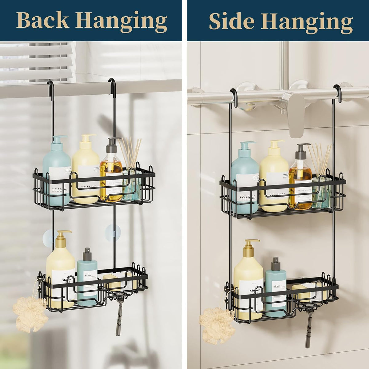 Consumest Over the Door Shower Caddy - 2-Tier Hanging Shower Organizer with Soap Holder, Rustproof Bathroom Storage and Organizer Rack for Shampoo, Towels, and Toiletries, Black