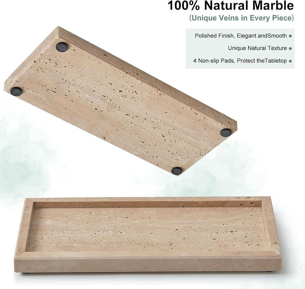 Natural Travertine Vanity Tray, Stone Organizer for Bathroom & Kitchen