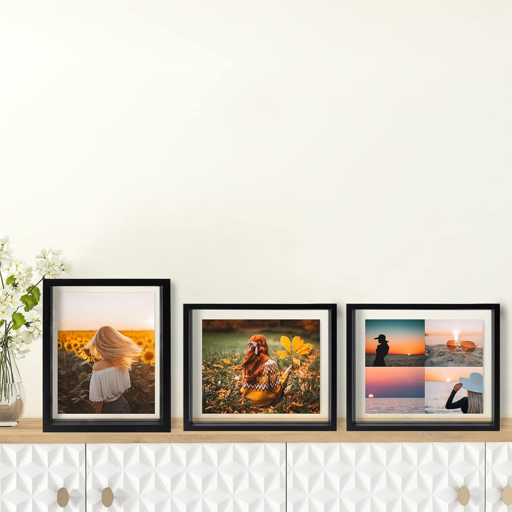 WIFTREY Black 8x10 Floating Picture Frame 2 Pack, Double Glass Distressed Floating Photo Frame for Tabletop or Wall Mount, Displays Photo up to 10x12