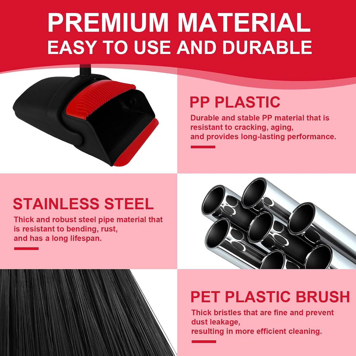 Broom and Dustpan Combo Set, 51" Long Handle with Silicone Squeegee