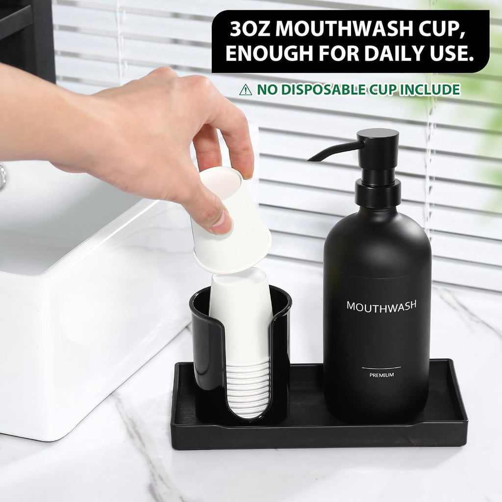 Mouthwash Dispenser for Bathroom, Glass Mouth Wash Pump Dispenser with Cup Holder, 17 Fl Oz Mouthwash Bottle Decanter with Tray, Refillable Mouthwash Dispenser Container (Matte Black)