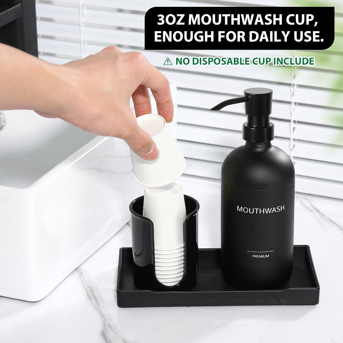 Mouthwash Dispenser for Bathroom, Glass Mouth Wash Pump Dispenser with Cup Holder, 17 Fl Oz Mouthwash Bottle Decanter with Tray, Refillable Mouthwash Dispenser Container (Matte Black)