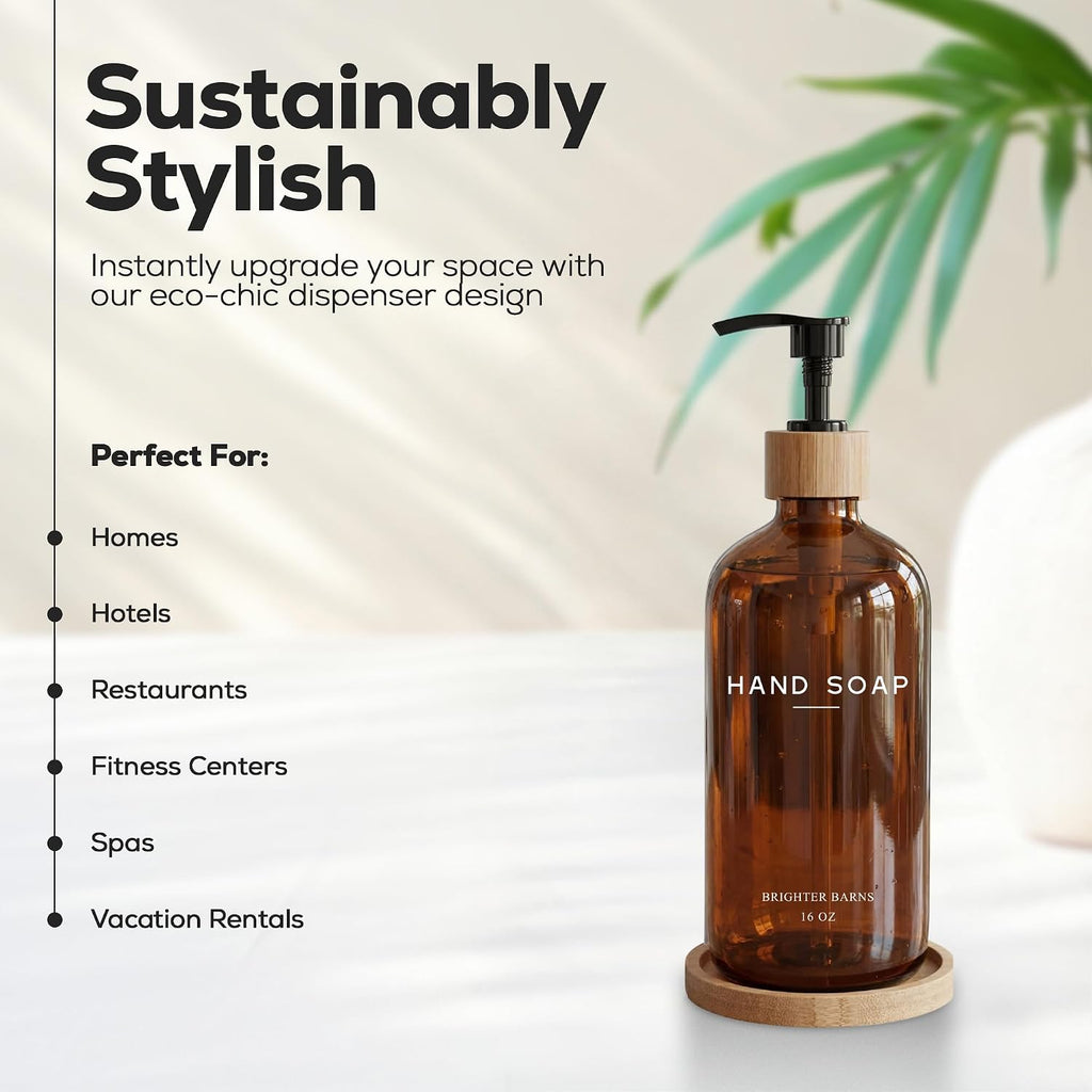 Amber Glass Hand Soap Dispenser Bathroom Set by Brighter Barns - Hand Soap Dispenser for Kitchen Sink & Bathroom - Bamboo Glass Bottle with Tray - Modern Home Decor for Spa, RV, Fitness Center (Amber)