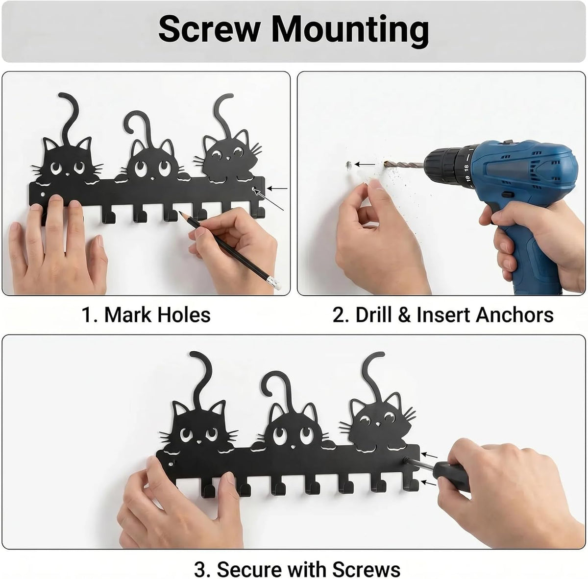 Cat Key Holder for Wall, 3-Cat Key Hanger with 8 Hooks