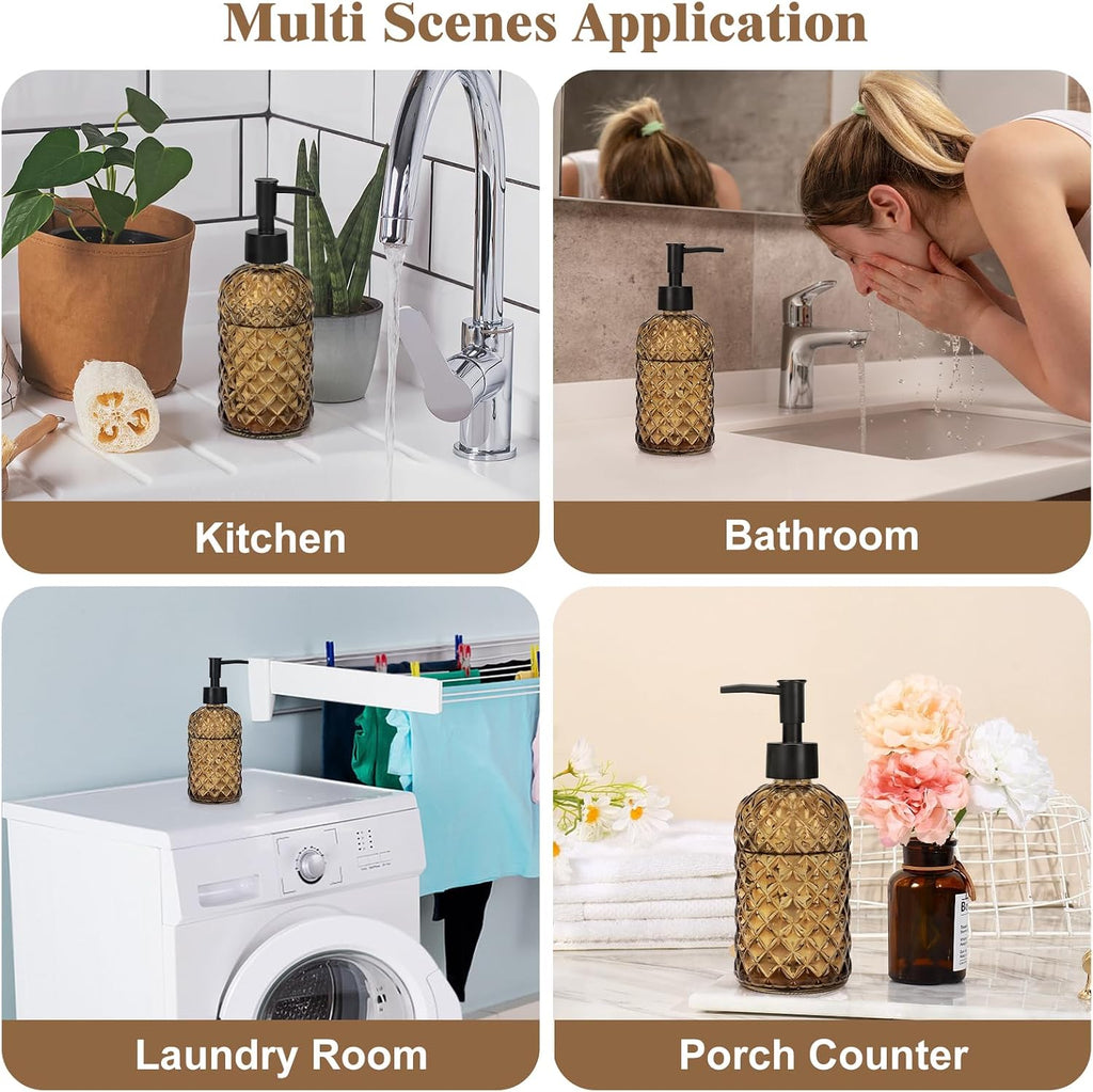 1 Pack 13.5oz Glass Soap Dispenser with Plastic Pump, Diamond Design Refillable Hand Soap Dispenser for Hand Wash, Bathroom and Kitchen (Amber)