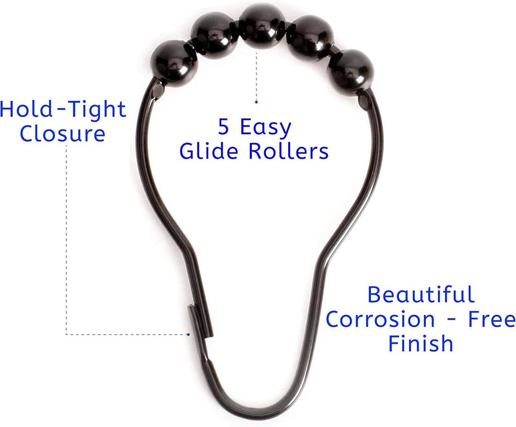 2lbDepot Shower Curtain Rings Hooks - Black Finish - Premium 18/8 Stainless Steel - Locking Rings with Easy Glide Rollers - Five Finishes Available - Set of 12 for Shower Rods