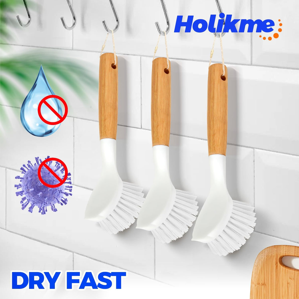 Holikme 3 Pack Dish Brush with Bamboo Handle Cleaning Brush,White