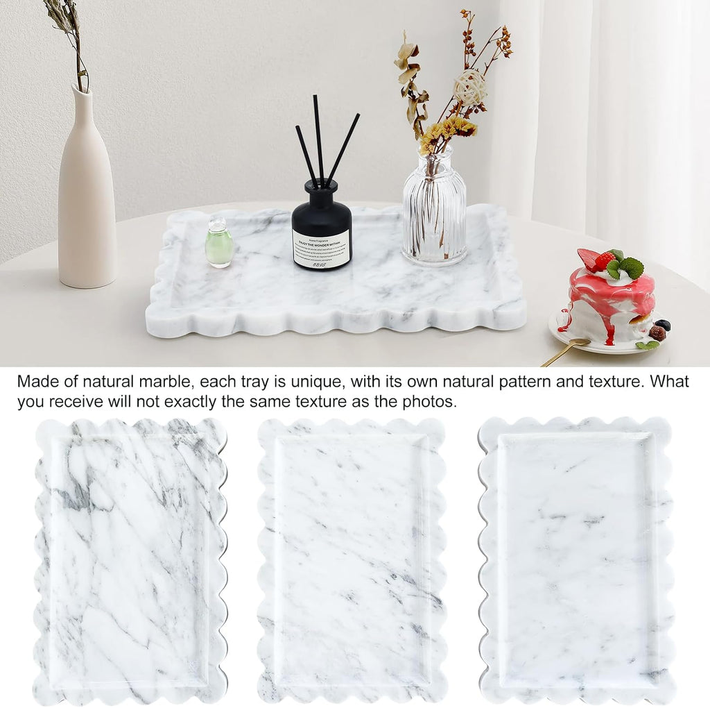 Scalloped Natural Marble Tray - Decorative Stone Tray for Bathroom & Vanity