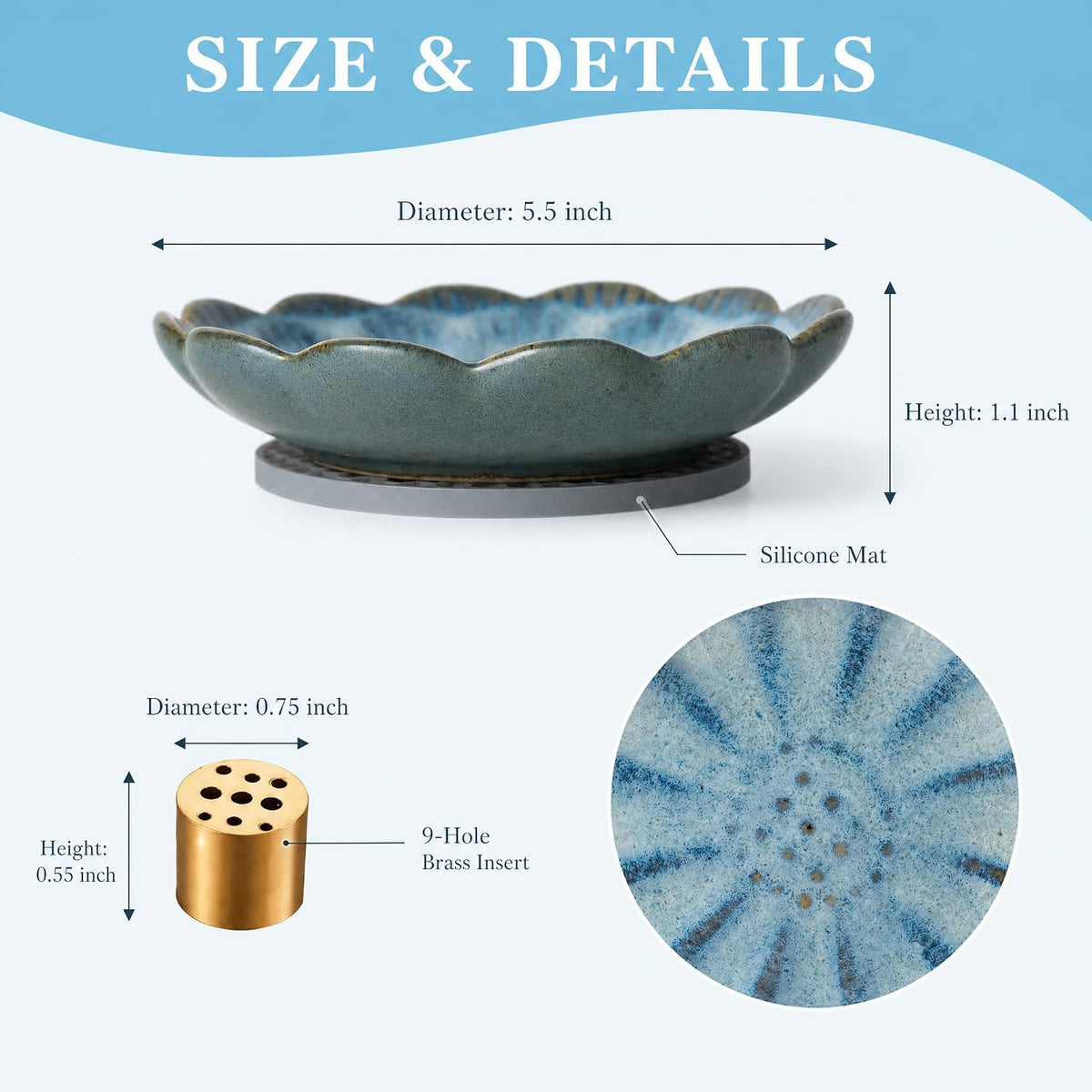 Pinehaven Ceramic Lotus Incense Holder, 5.5 Inch Japanese Blue