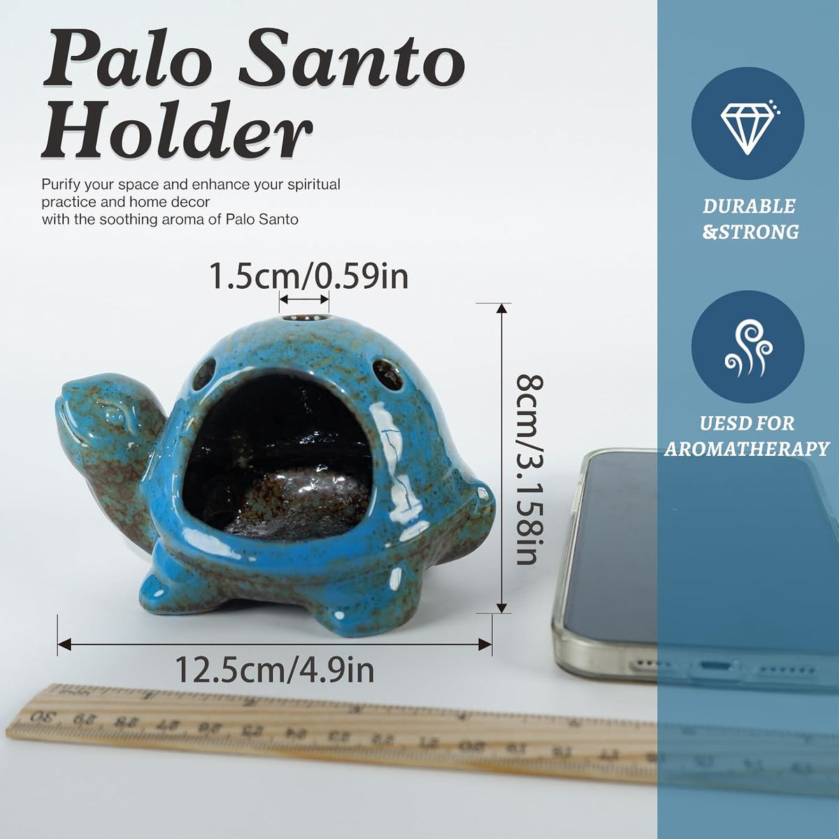 MOUGIGI Blue Ceramic Turtle Palo Santo Burner - Mini Chiminea, Burns