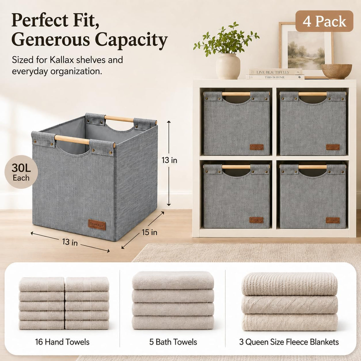 KAKAMAY Cube Storage Bin 13x15x13 Storage Cubes for Kallax 4-Pack Grey